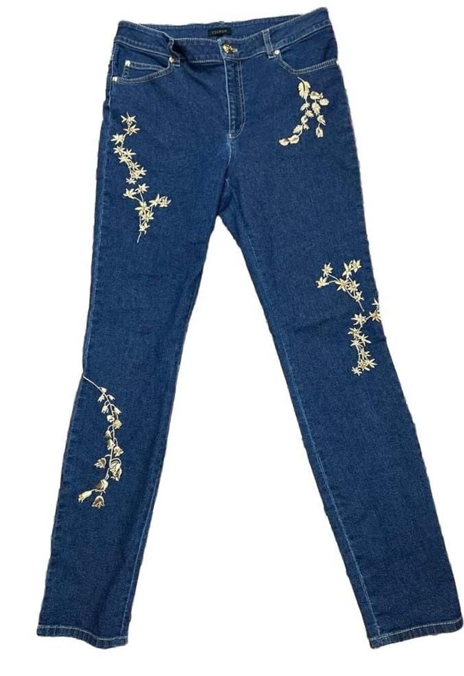 Escada Denim Jeans with Gold Embroidered Floral Vines and Sequins Size 40